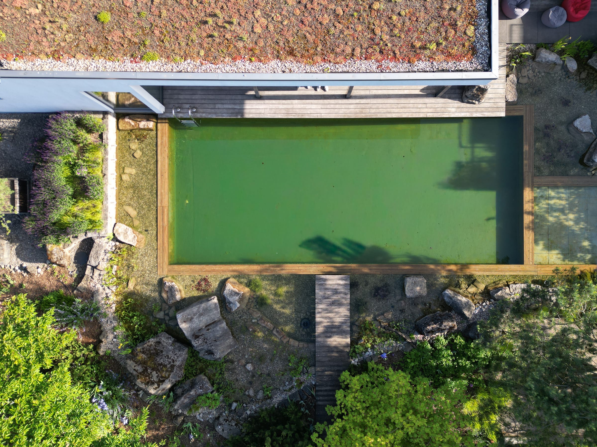Drohnenansicht eines Naturpools mit Holzstegen und naturnaher Bepflanzung