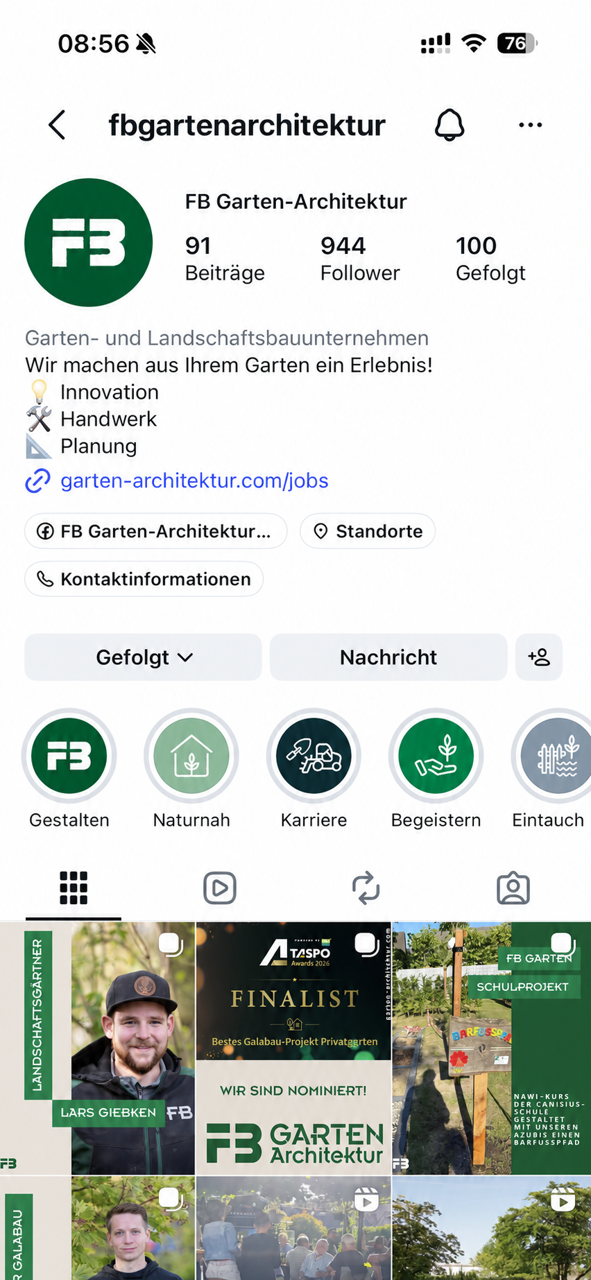 Aktueller Screenshot des Instagram-Profils von FB Garten-Architektur