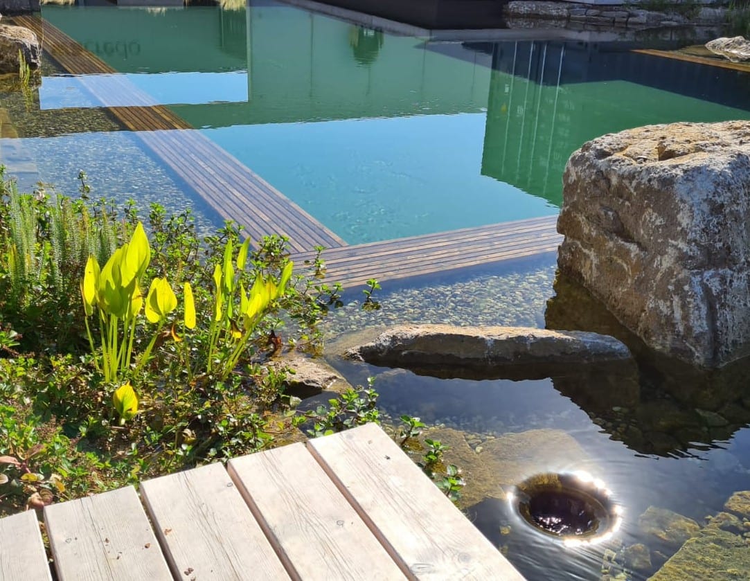 Flache Filterzone mit Wasseröffnung, Pflanzen, Kies und Naturstein